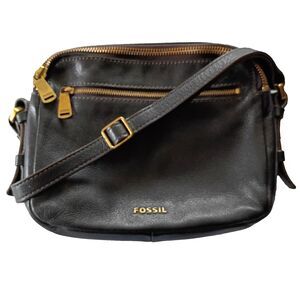 Fossil Piper Toaster Crossbody Black Pebbled Leather Small Brass Hardware